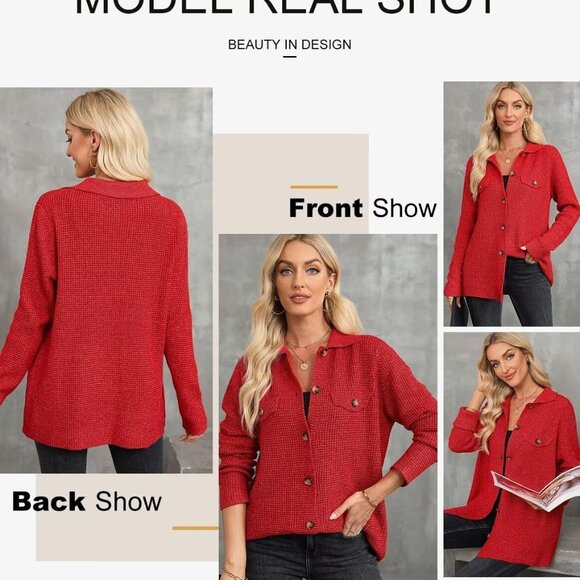 Women 2025 Fall Outfits Waffle Knit Sweater Shacket Jacket Casual Long Sleeve Bu - Picture 4 of 6